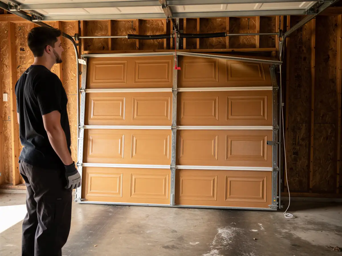 A technician stands in a garage looking at a damaged brown garage door.