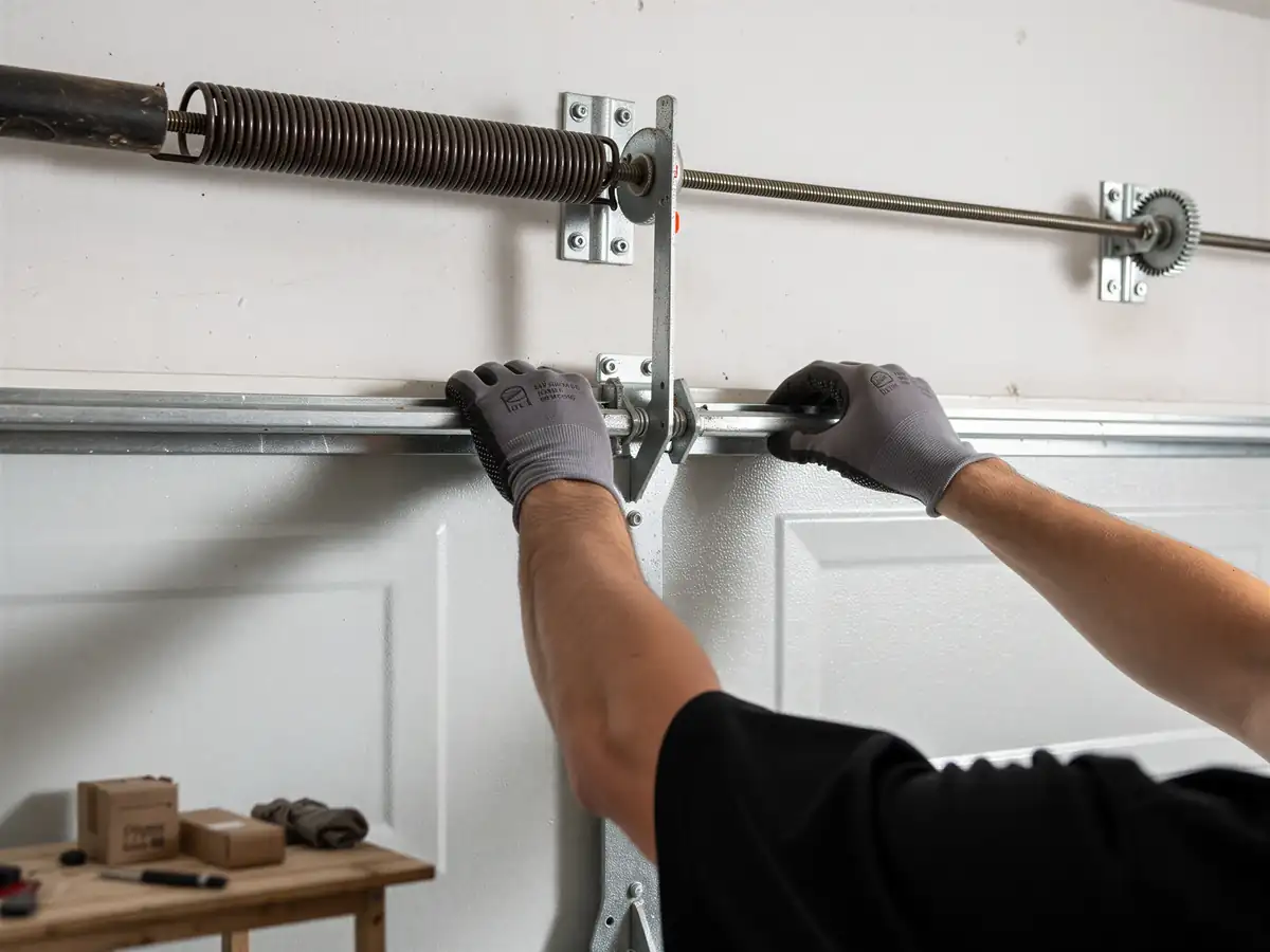 A technician wearing gloves adjusts the top panel of a white garage door.